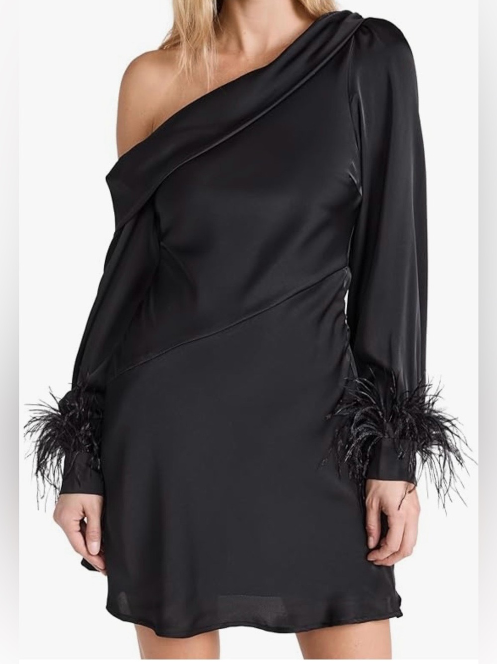 Astr One-Shoulder Black Satin Dress with Feather Cuffs